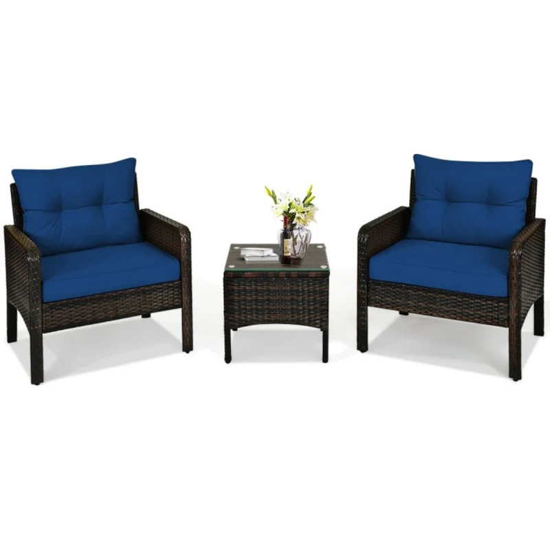 3-Pieces Outdoor Wicker Patio Conversation Furniture Set with Navy Blue Cushion