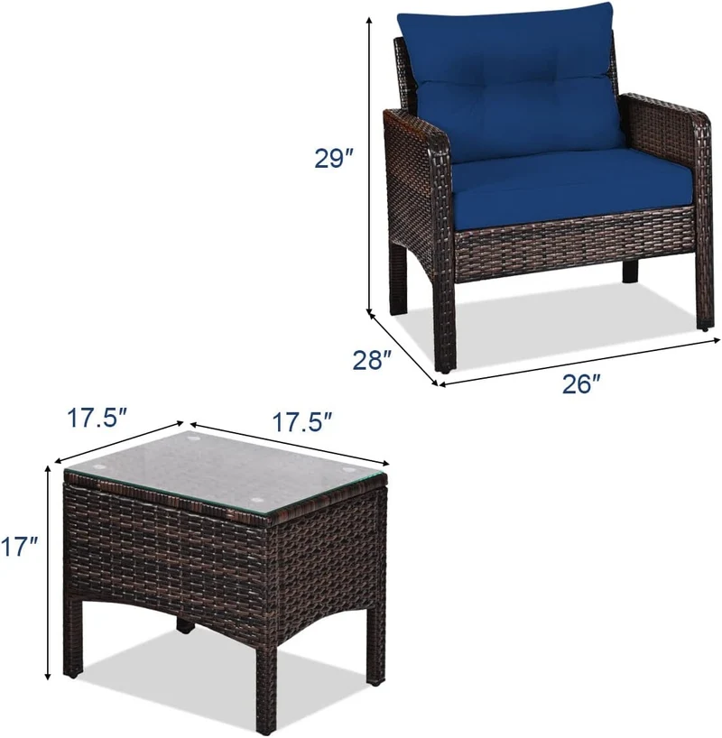 3-Pieces Outdoor Wicker Patio Conversation Furniture Set with Navy Blue Cushion