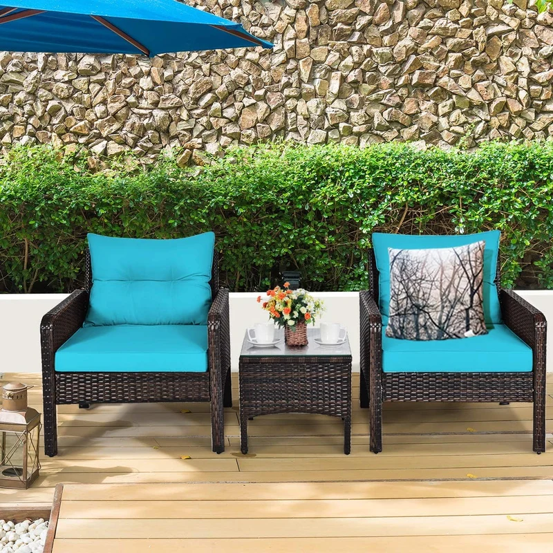 3-Pieces Outdoor Wicker Patio Conversation Furniture Set with Turquoise Cushion
