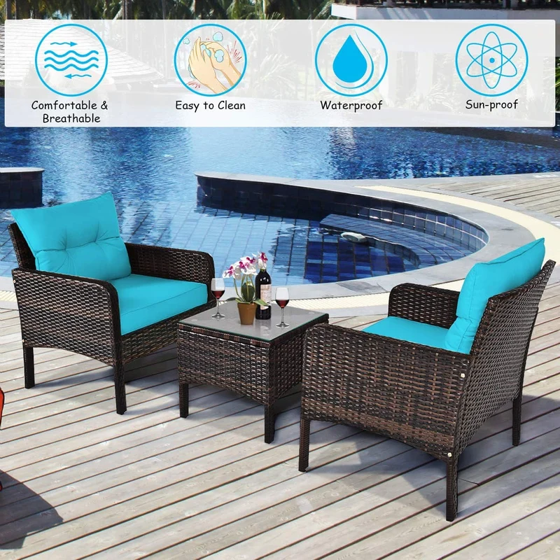 3-Pieces Outdoor Wicker Patio Conversation Furniture Set with Turquoise Cushion