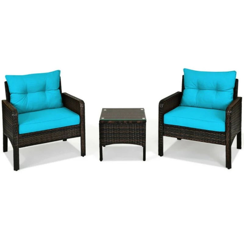 3-Pieces Outdoor Wicker Patio Conversation Furniture Set with Turquoise Cushion