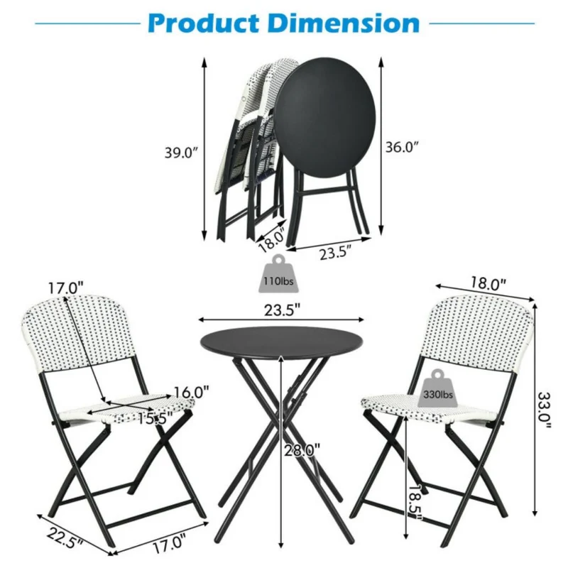 3-Piece Patio Rattan Outdoor Bistro Set with Round Dining Table and 2-Chairs