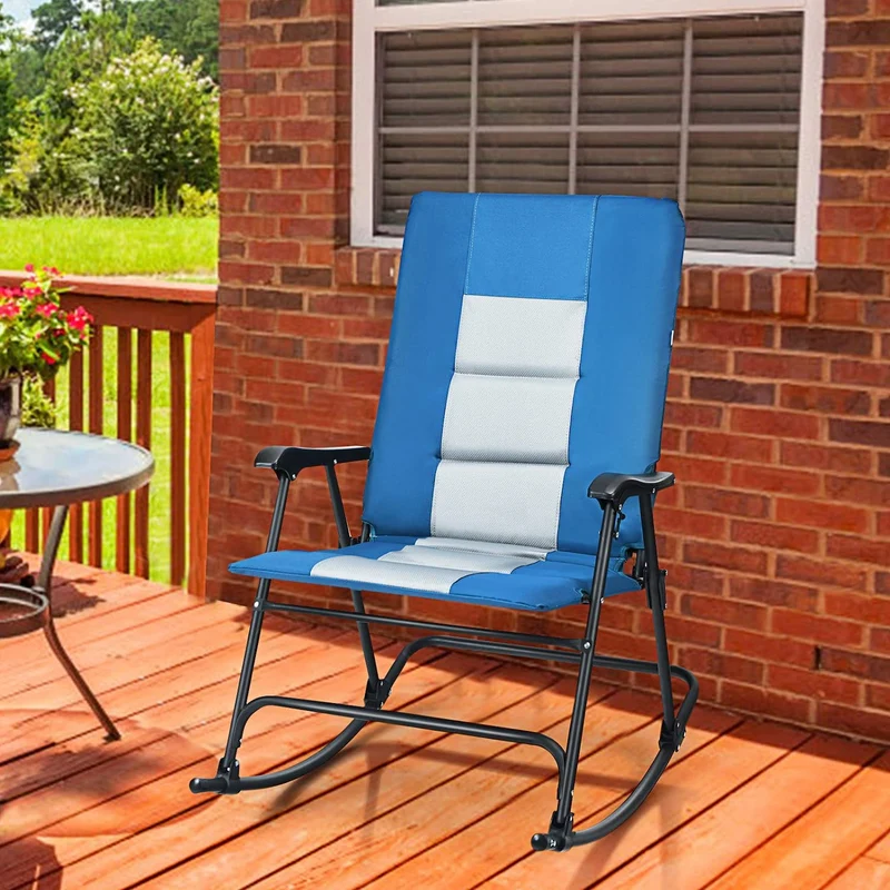 Metal Foldable Padded Portable Camping Outdoor Rocking Chair in Blue with Backrest and Armrest