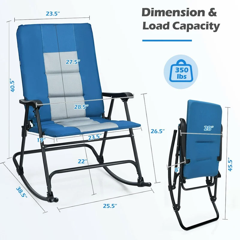 Metal Foldable Padded Portable Camping Outdoor Rocking Chair in Blue with Backrest and Armrest