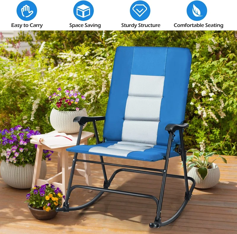Metal Foldable Padded Portable Camping Outdoor Rocking Chair in Blue with Backrest and Armrest