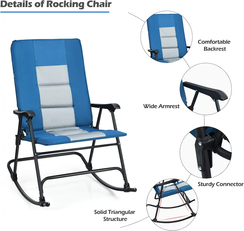 Metal Foldable Padded Portable Camping Outdoor Rocking Chair in Blue with Backrest and Armrest