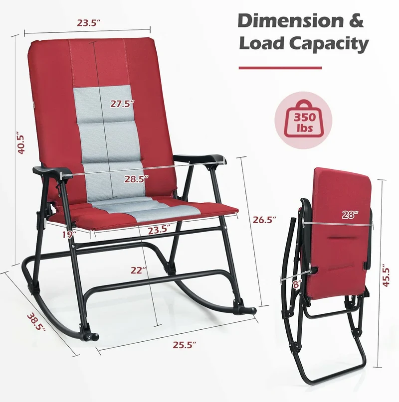 Metal Foldable Padded Portable Camping Outdoor Rocking Chair in Red with Backrest and Armrest