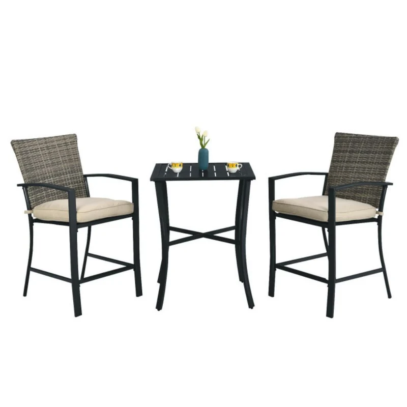3-Pieces Rattan Patio Outdoor Conversation Furniture Set with Slat Table and Beige Cushions