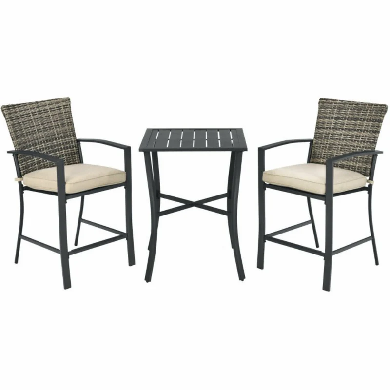 3-Pieces Rattan Patio Outdoor Conversation Furniture Set with Slat Table and Beige Cushions