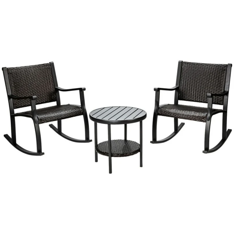 3-Piece Furniture Wicker Patio Conversation Set with Coffee Table and Rocking Chairs