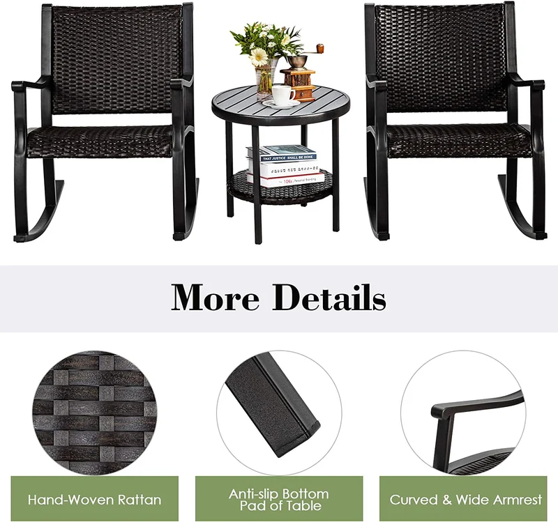 3-Piece Furniture Wicker Patio Conversation Set with Coffee Table and Rocking Chairs