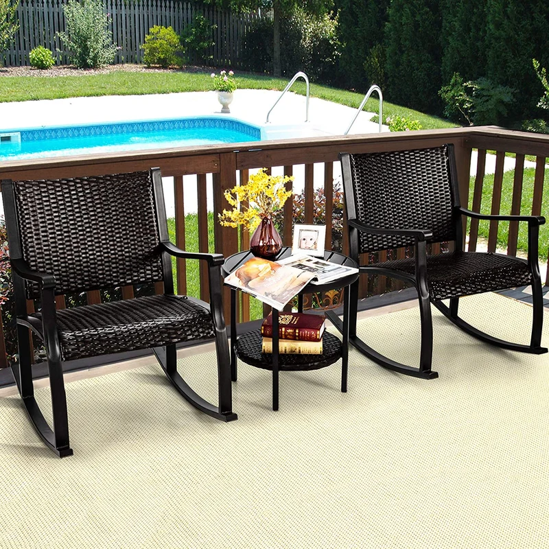 3-Piece Furniture Wicker Patio Conversation Set with Coffee Table and Rocking Chairs