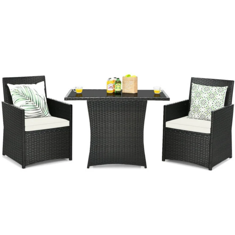 3-Piece Patio Rattan Wicker Outdoor Bistro Set Dining Table Set with White Cushions