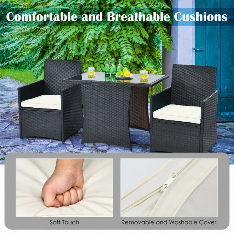 3-Piece Patio Rattan Wicker Outdoor Bistro Set Dining Table Set with White Cushions