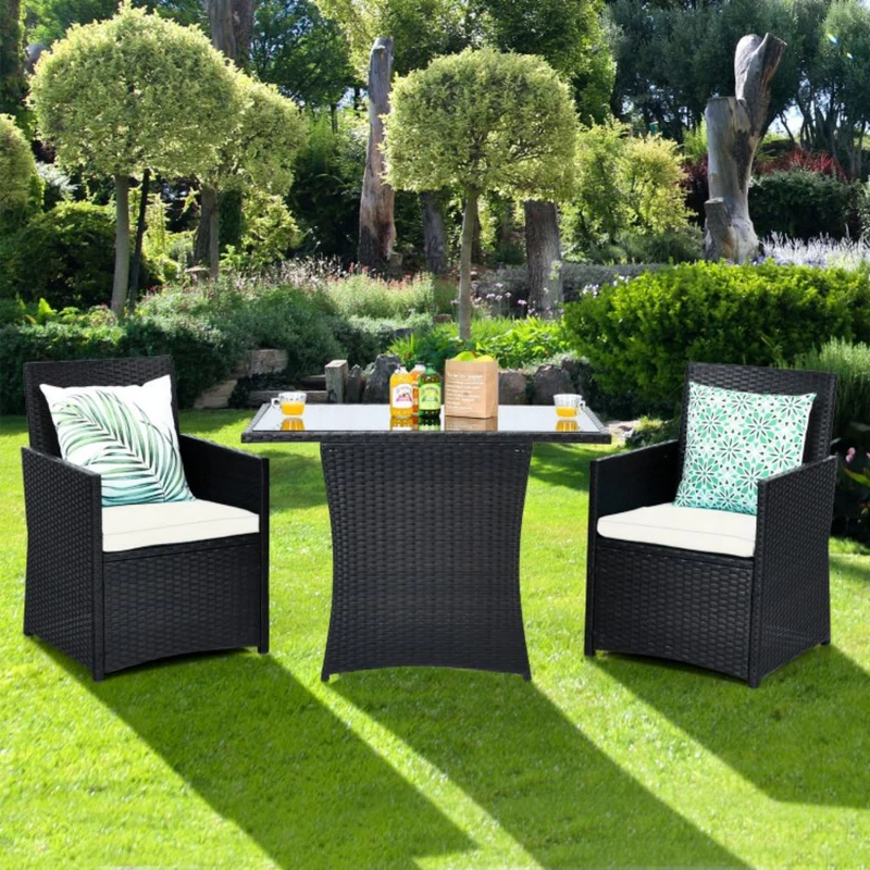 3-Piece Patio Rattan Wicker Outdoor Bistro Set Dining Table Set with White Cushions