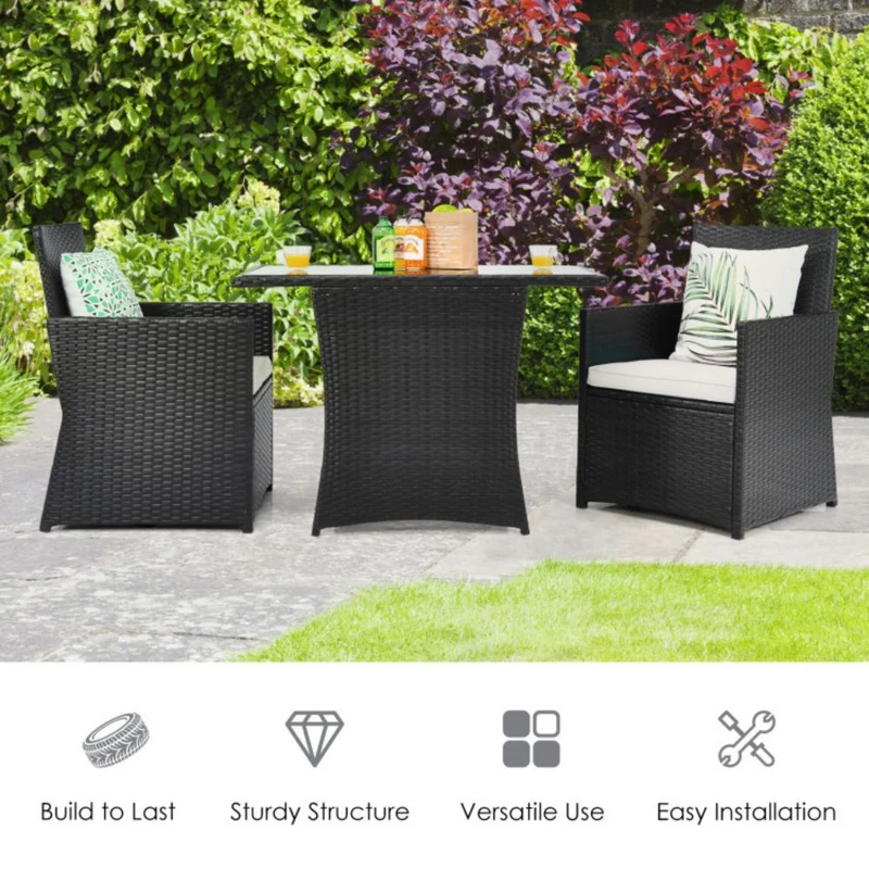 3-Piece Patio Rattan Wicker Outdoor Bistro Set Dining Table Set with White Cushions
