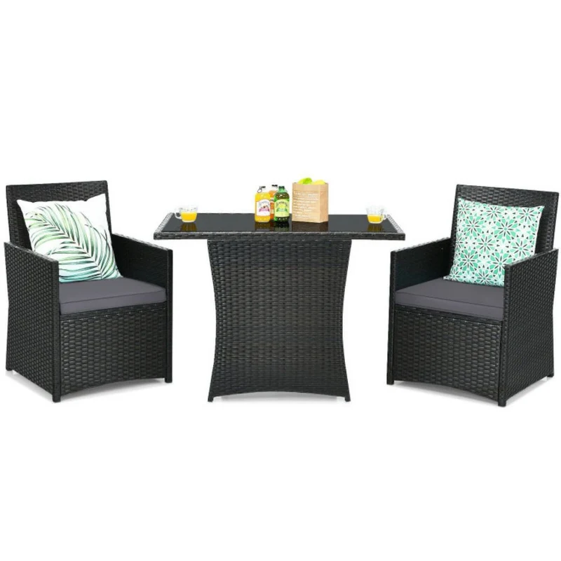3-Piece Patio Rattan Wicker Outdoor Bistro Set Dining Table Set with Gray Cushions