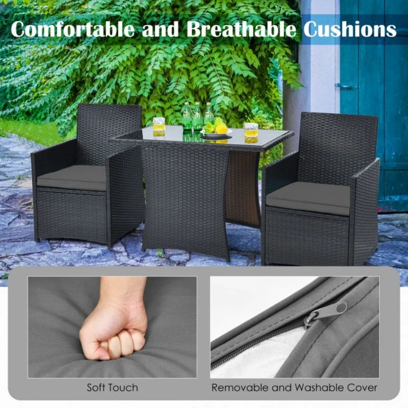 3-Piece Patio Rattan Wicker Outdoor Bistro Set Dining Table Set with Gray Cushions