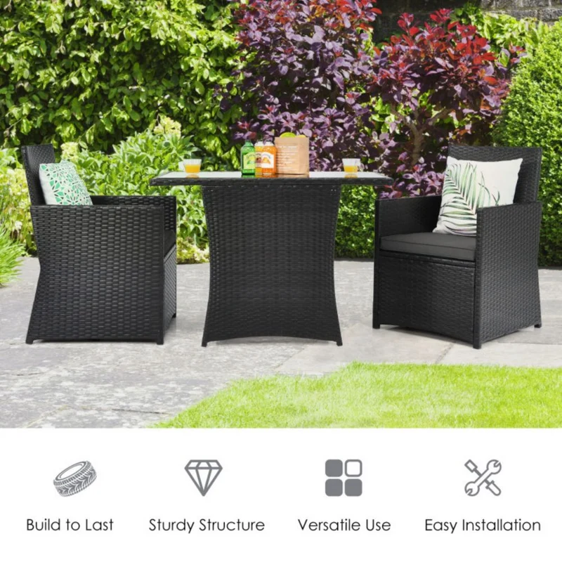 3-Piece Patio Rattan Wicker Outdoor Bistro Set Dining Table Set with Gray Cushions