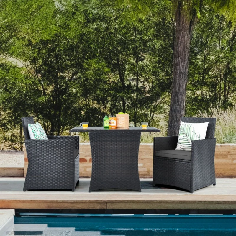 3-Piece Patio Rattan Wicker Outdoor Bistro Set Dining Table Set with Gray Cushions