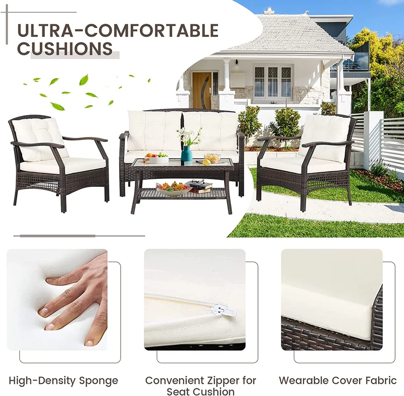 4-Pieces Rattan Wicker Outdoor Patio Conversation Set with Protective Cover and Beige Cushions