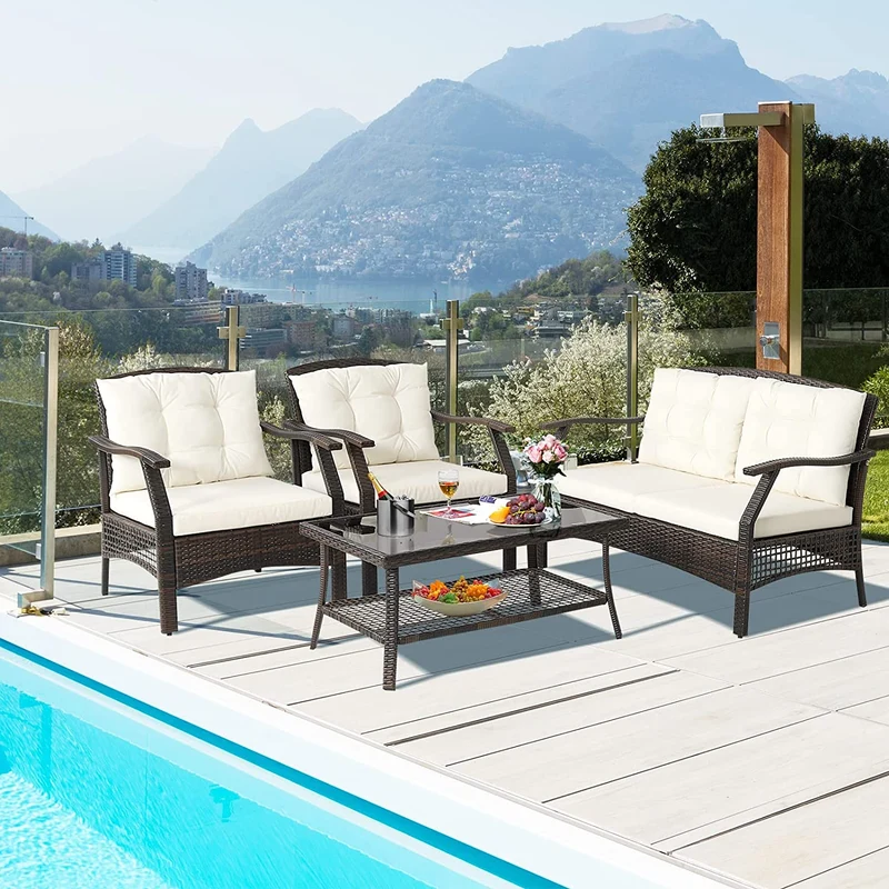 4-Pieces Rattan Wicker Outdoor Patio Conversation Set with Protective Cover and Beige Cushions