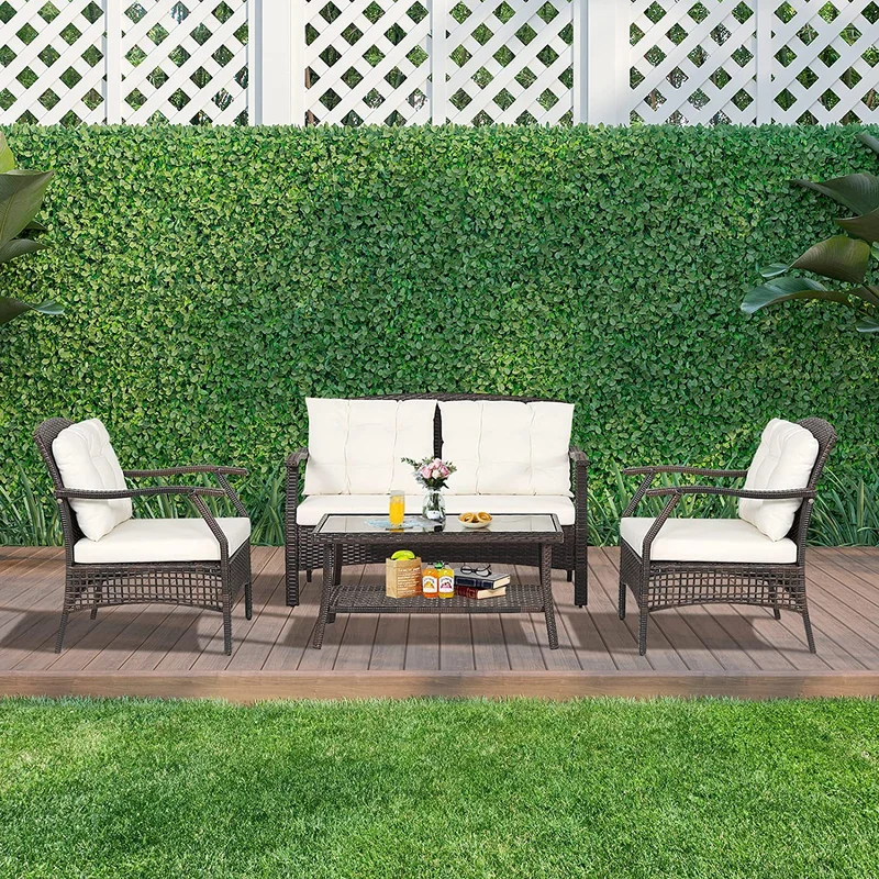 4-Pieces Rattan Wicker Outdoor Patio Conversation Set with Protective Cover and Beige Cushions