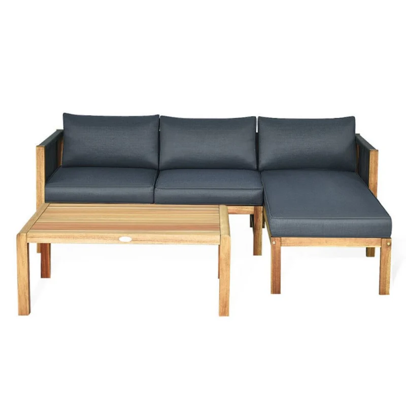 3-Piece Acacia Wood Patio Conversation Set Sofa with Dark Grey Cushions
