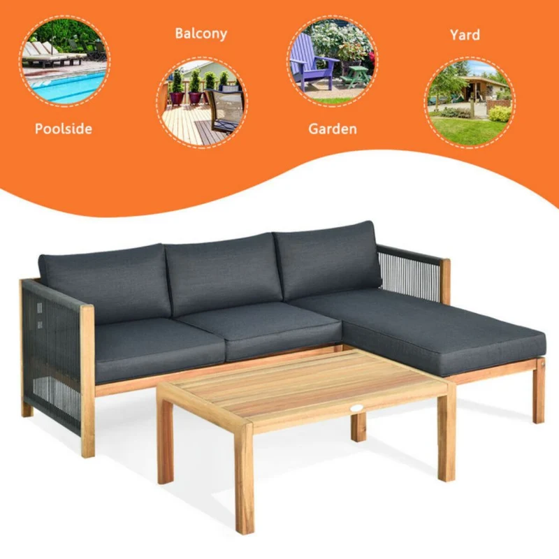 3-Piece Acacia Wood Patio Conversation Set Sofa with Dark Grey Cushions