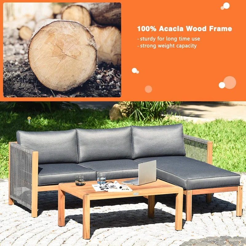 3-Piece Acacia Wood Patio Conversation Set Sofa with Dark Grey Cushions