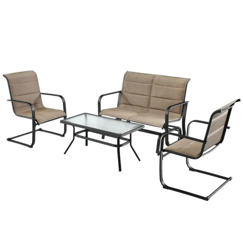 4-Piece Outdoor Metal Patio Conversation Set with Padded Glider Loveseat and Coffee Table