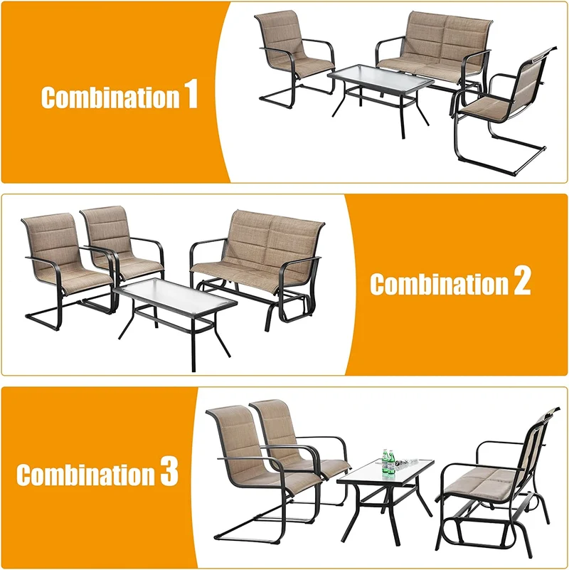 4-Piece Outdoor Metal Patio Conversation Set with Padded Glider Loveseat and Coffee Table