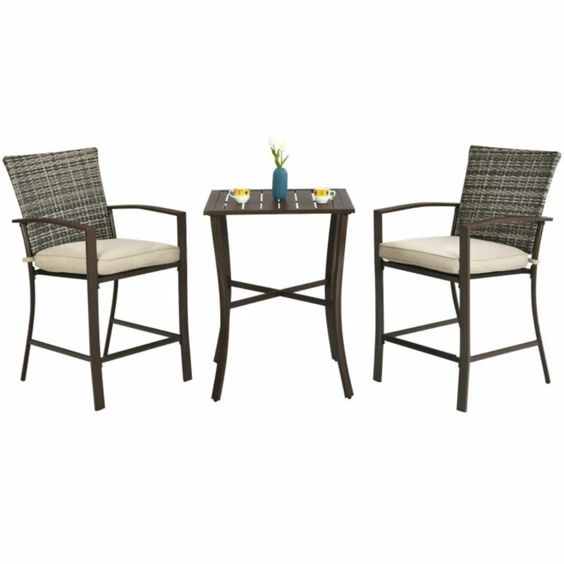 3-Pieces Rattan Patio Outdoor Conversation Furniture Set with Slat Table and Beige Cushions