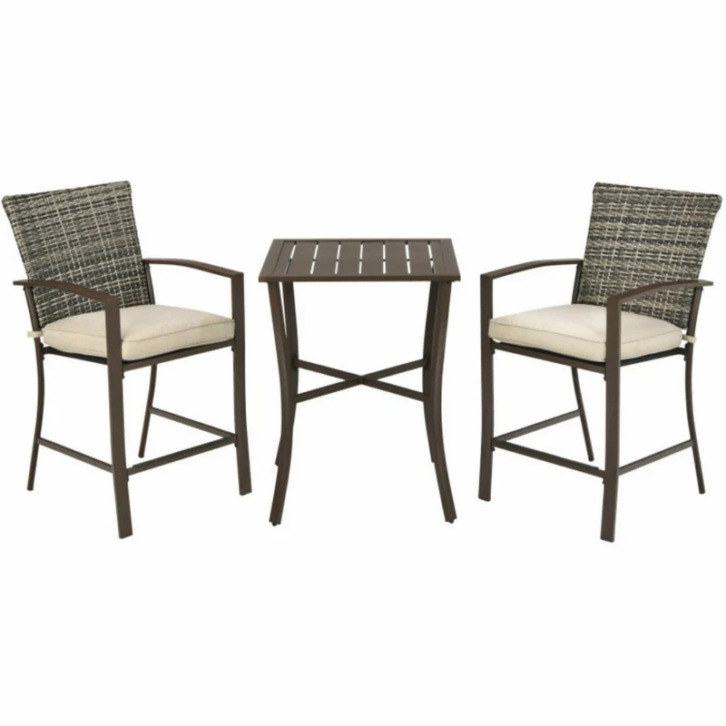 3-Pieces Rattan Patio Outdoor Conversation Furniture Set with Slat Table and Beige Cushions