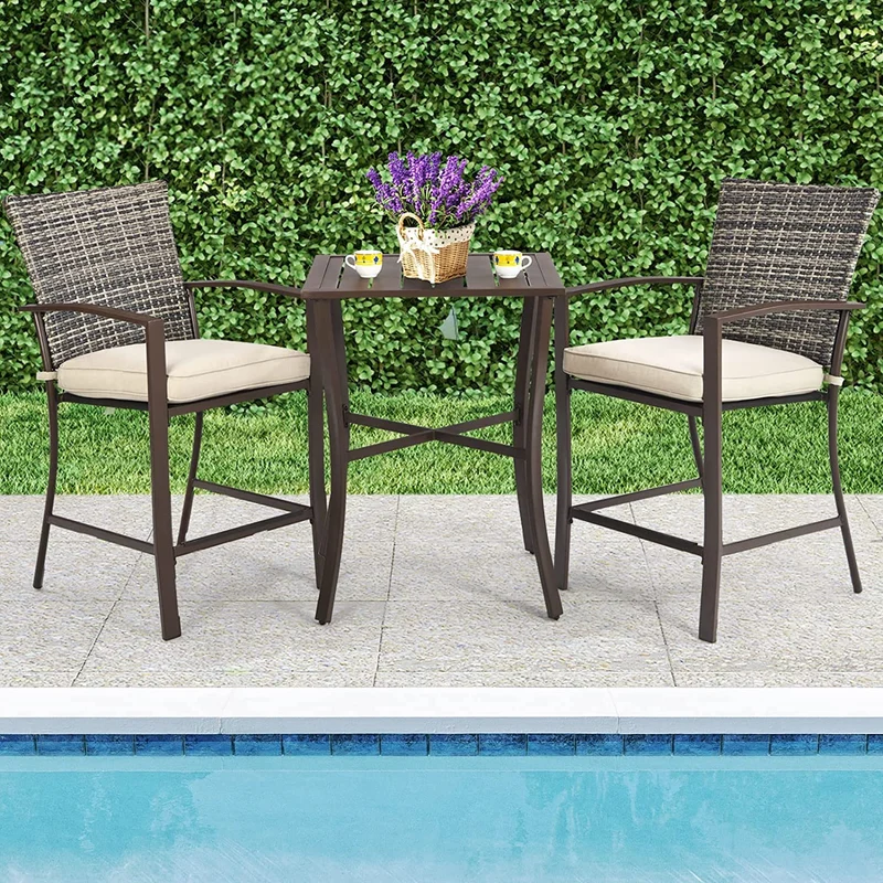 3-Pieces Rattan Patio Outdoor Conversation Furniture Set with Slat Table and Beige Cushions