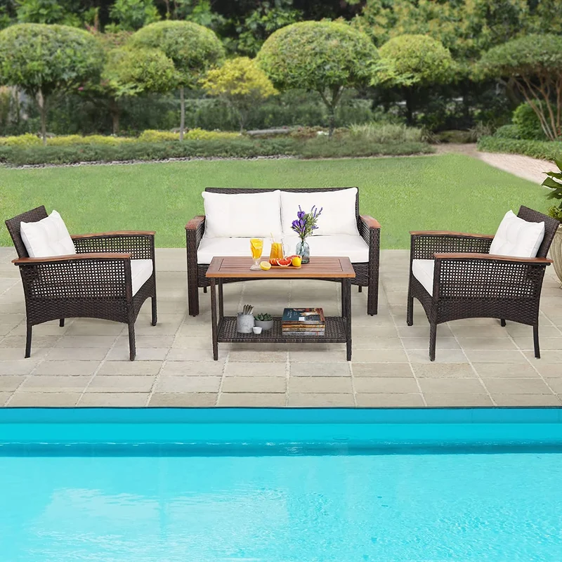 4-Pieces Patio Rattan Acacia Wood Patio Conversation Set with White Cushions