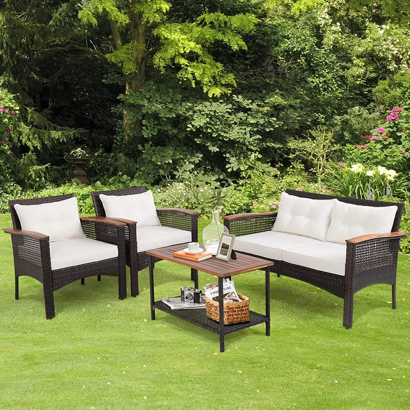 4-Pieces Patio Rattan Acacia Wood Patio Conversation Set with White Cushions