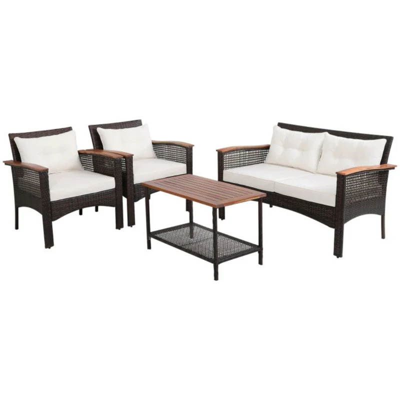 4-Pieces Patio Rattan Acacia Wood Patio Conversation Set with White Cushions