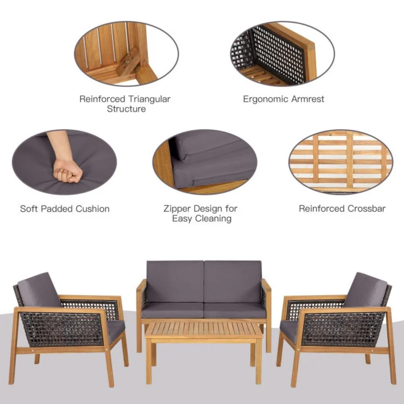 4-Pieces Wooden Outdoor Patio Conversation Set with Gray Cushions