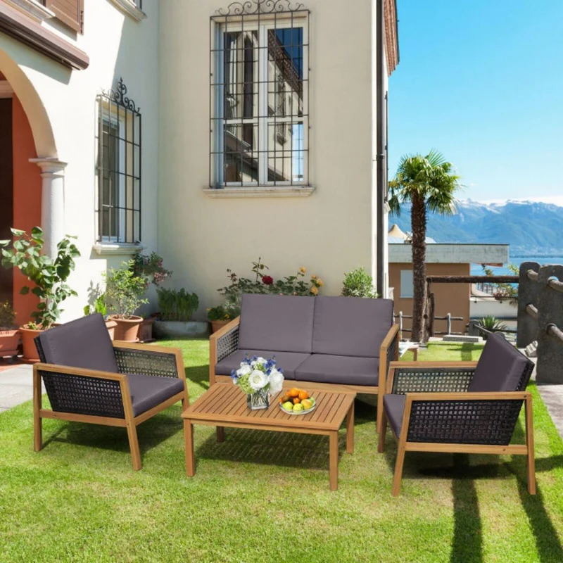 4-Pieces Wooden Outdoor Patio Conversation Set with Gray Cushions