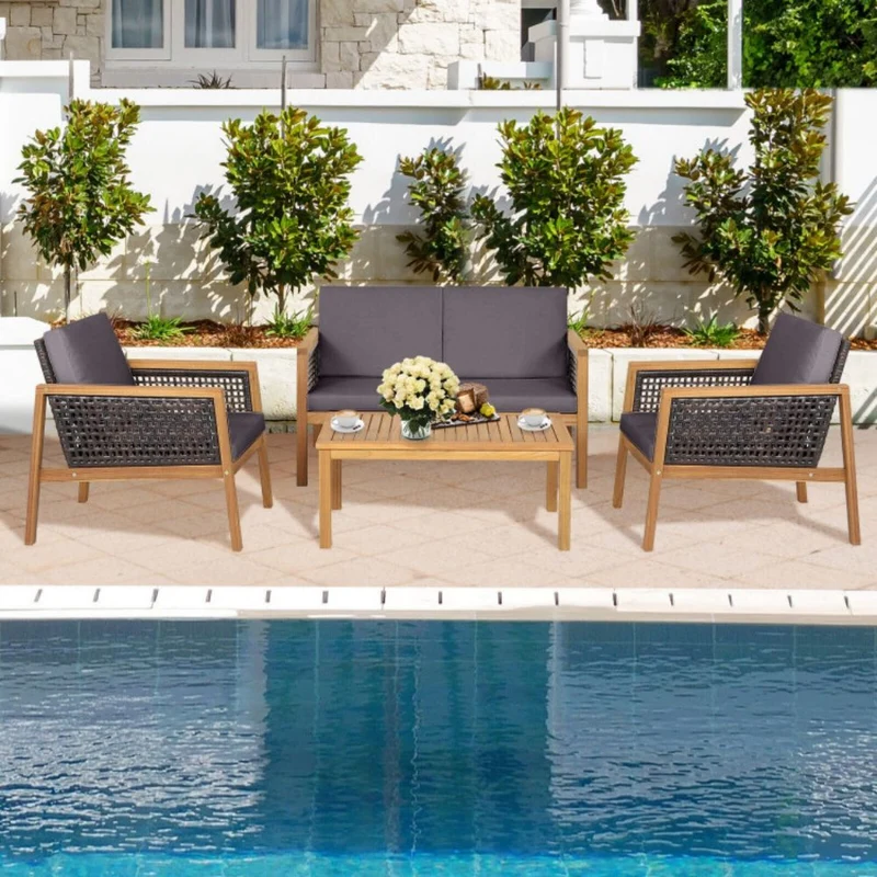 4-Pieces Wooden Outdoor Patio Conversation Set with Gray Cushions