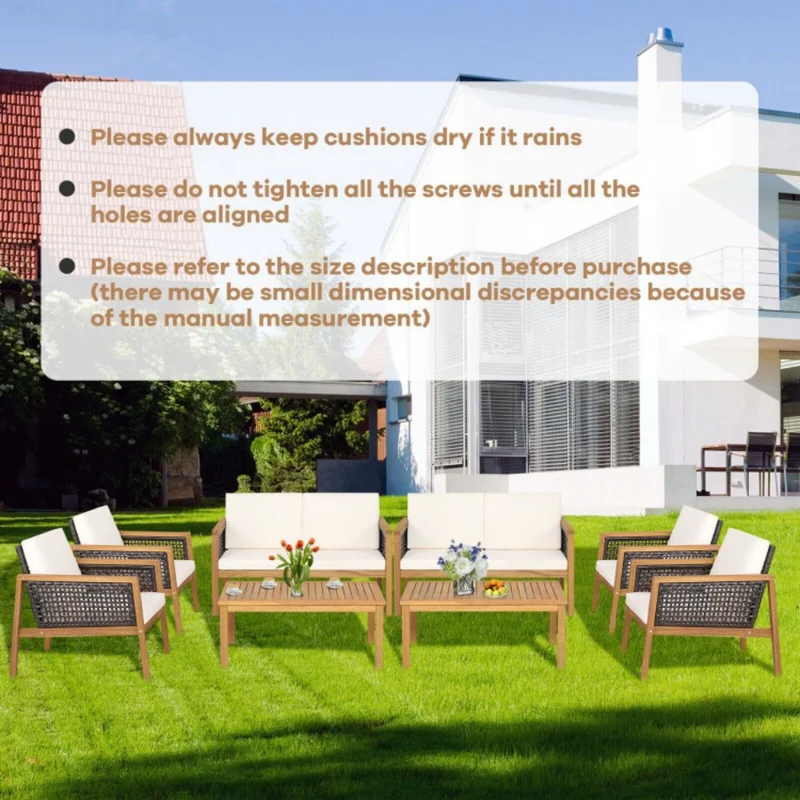 4-Pieces Wooden Outdoor Patio Conversation Set with White Cushions