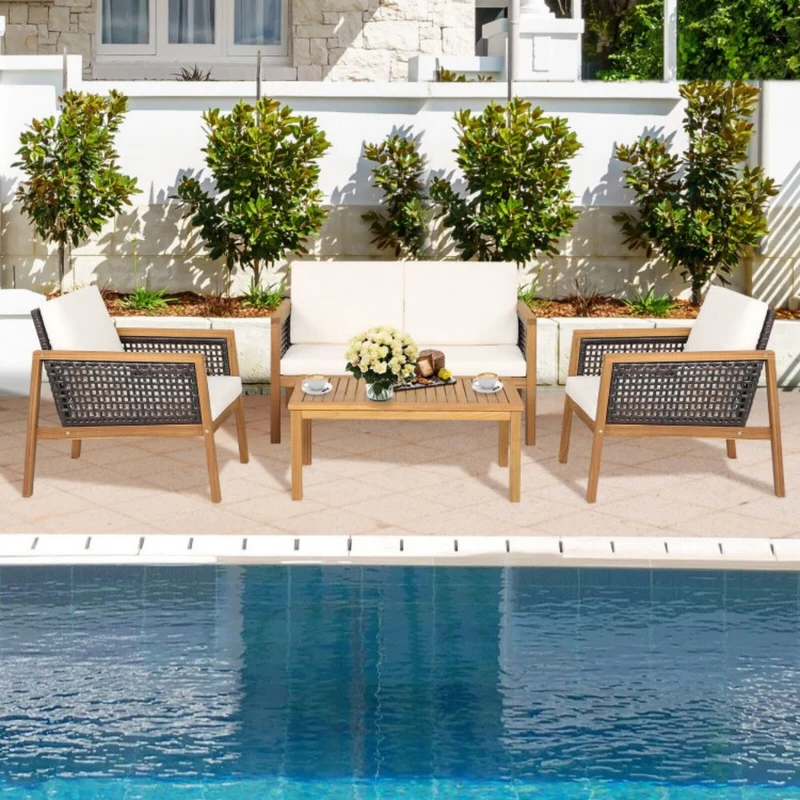 4-Pieces Wooden Outdoor Patio Conversation Set with White Cushions
