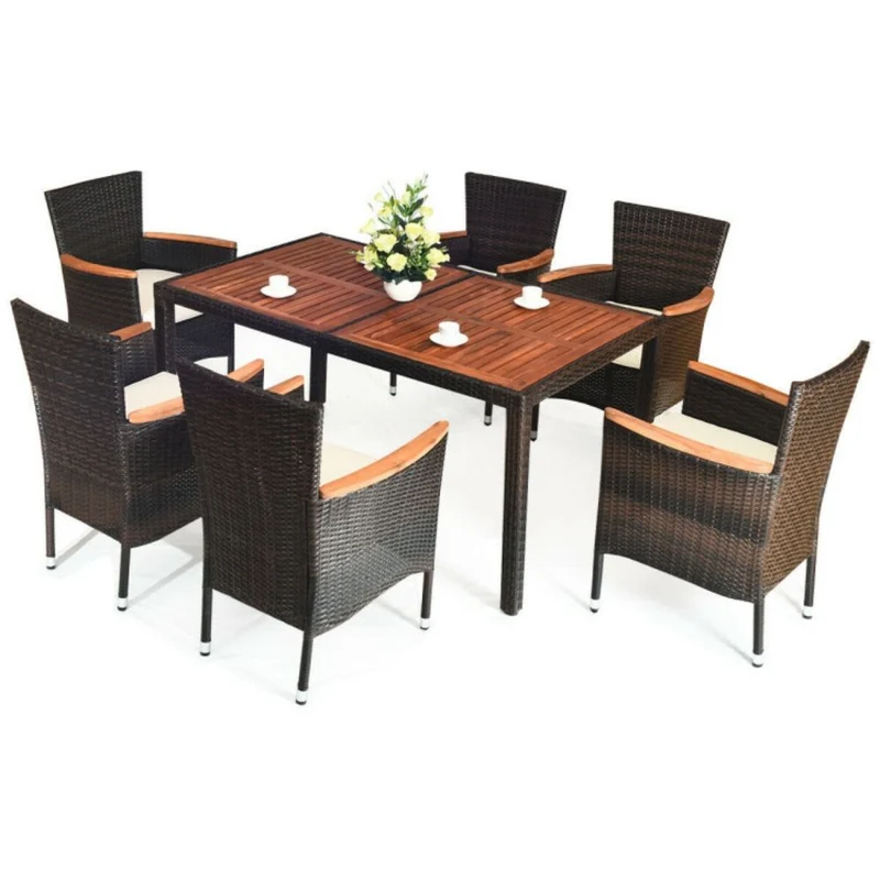 7-Piece Rattan Wicker Outdoor Dining Set with Beige Cushions