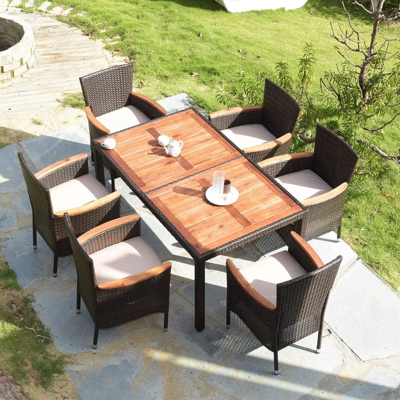 7-Piece Rattan Wicker Outdoor Dining Set with Beige Cushions