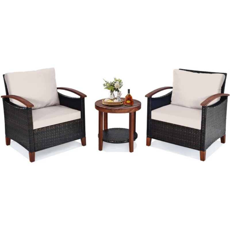 3-Pieces Wicker Outdoor Wooden Frame Patio Conversation Furniture Set with Beige Cushion