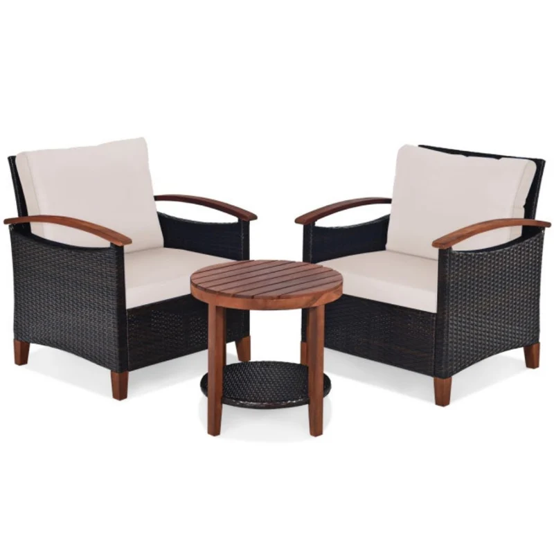 3-Pieces Wicker Outdoor Wooden Frame Patio Conversation Furniture Set with Beige Cushion