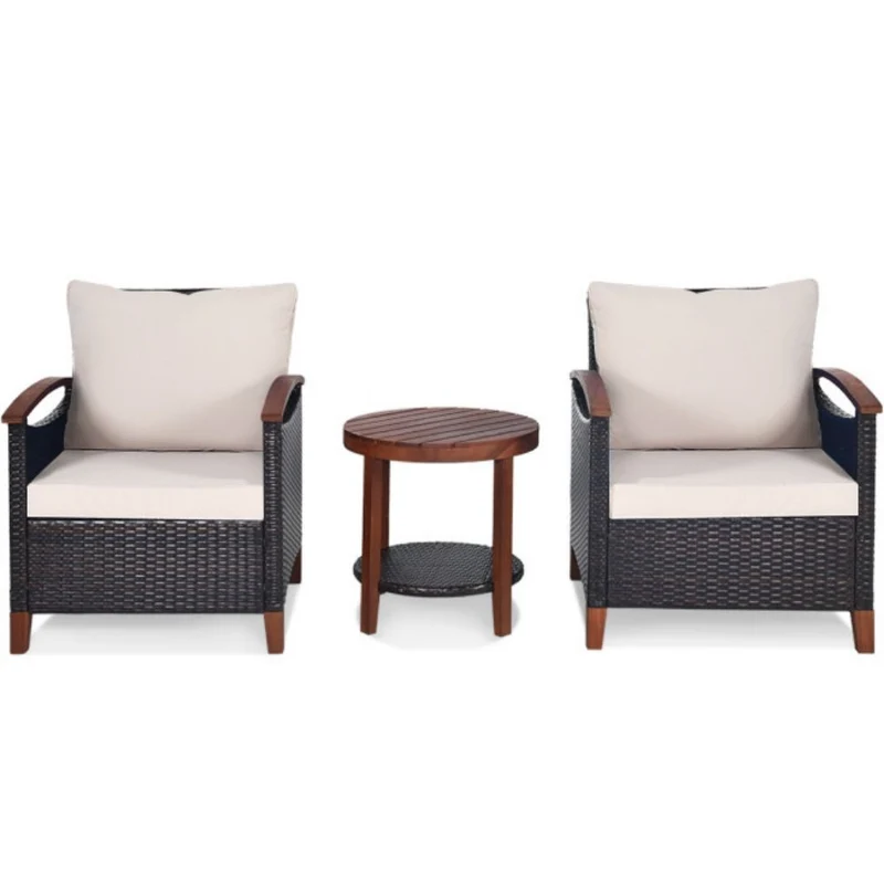 3-Pieces Wicker Outdoor Wooden Frame Patio Conversation Furniture Set with Beige Cushion