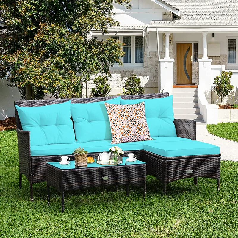 3-Piece Wicker Outdoor Sectional Conversation Set with Turquoise Seat and Back Cushions