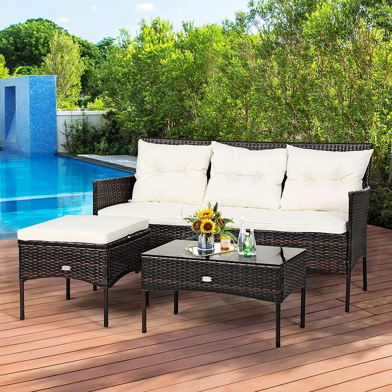 3-Piece Wicker Outdoor Sectional Conversation Set with 5 White Seat and Back Cushions